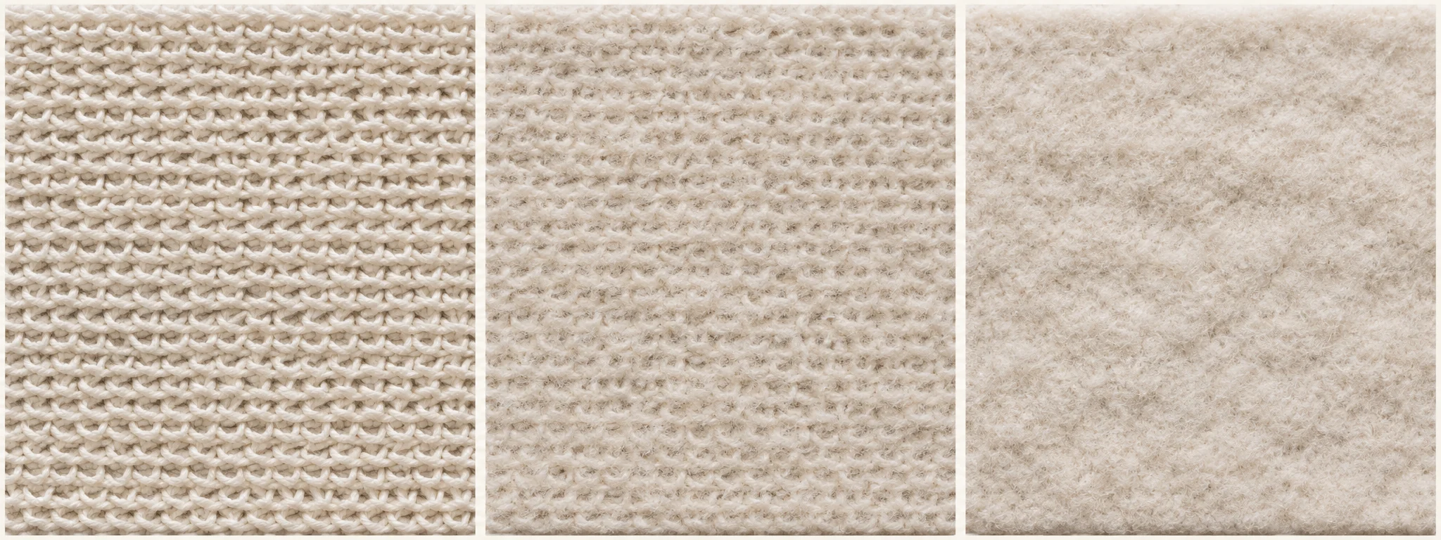 Three conceptual cream knit surfaces: visible loops on the left, a short lightly brushed surface in the centre, and a dense fuzzy surface on the right.